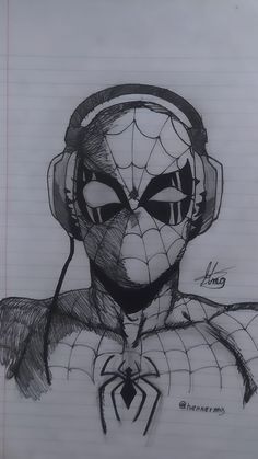 a drawing of spider - man with headphones in his ears and an ear muffs