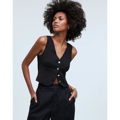 Madewell Womens Katrina Crop Vest Top In Softdrape Button Front Black 14 Style #Nm422 New With Tags! Crafted Of Our Softdrape Tencel Modal Blend, This Tank Top Has A V-Shaped Neckline And Buttons Down The Front. It's Got A Bit Of A Dressier Vibe Thanks To The Pretty Pearly Buttons. Regular Fit. Body Length From High Point Of Shoulder: 20". Tencel Modal/Polyester. Do Well: Tencel Modal Fibers Are Derived From Sustainable Wood Sources Using Renewable Energy. Machine Wash. Comes From A Smoke Free H Madewell Jacket, Crop Vest, Vest Crop Top, Cropped Vest, Madewell Sweater, High Point, The Pretty, Vest Top, V Shape