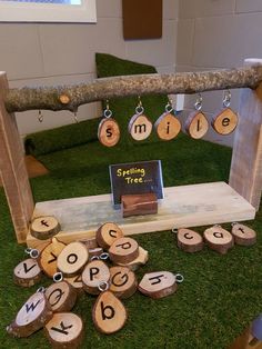 a table with wooden letters and chains on it that spell out the names of different trees