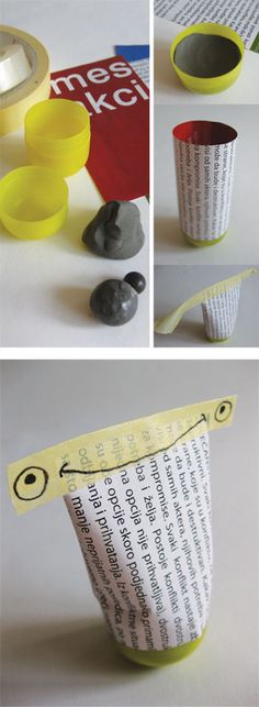 several pictures of different objects made out of paper and tape, with scissors on each side