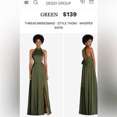 the dress is green and has a high slit