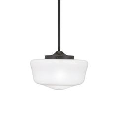 a light fixture with a white glass shade hanging from the ceiling, on an isolated metal rod