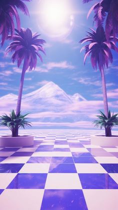 two palm trees are standing in front of a checkerboard floor with mountains in the background