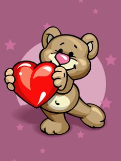 a brown teddy bear holding a red heart on a purple background with stars around it