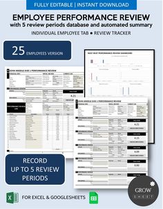 the employee performance review form is shown in blue and white, with text on it