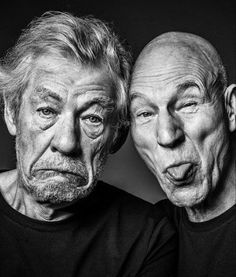 two older men are posing for the camera with their faces covered in wrinkles and facial expressions