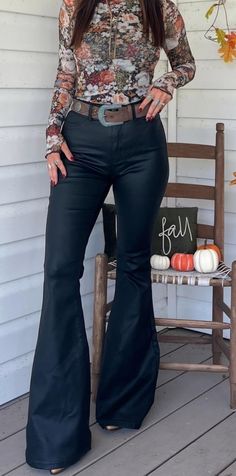 BLACK FAUX LEATHER FLARES| Stretchy Bell Bottoms| Western Boho Flares| Goth Pants| High Waist Rocker Bottoms| Festival Flares| Rave Ethical The flare jeans of your dreams! These trendy flares offer a super stretch material for amazing comfort while still providing a durable, high quality material that smooth and contours to your body. Who knew trendy could be so comfortable! *DETAILS* Black High waisted leather flares Zip and button closure Functional belt loops Two functional back pockets Stretchy, comfort material Butt lifting detail Flare ankles *SIZING INFO* Very Stretchy Inseam: 34" Outseam: 44" S: 0-4 M: 6-8 L: 10-12 XL: 14-16 *MATERIAL AND CARE* Please see care label for washing instructions 76% Cotton, 20% Polyester, 4% Spandex Goth Flare Pants Outfit, Black Bellbottom Pants Outfits, Leather Flare Pants Outfits, Dressy Western Outfits Women, Western Concert Outfit, Black Bell Bottoms, Goth Western, Western Goth, Black Flares