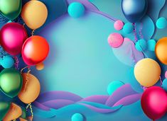 colorful balloons floating in the air on a blue background