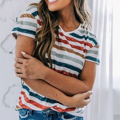 Oakley Striped Tee
 – Copper Lane Clothing V Neck Blouse, Womens Casual Outfits, Striped Tee, Nice Tops, Summer Looks, Aesthetic Clothes, Insta Fashion, Fall Outfits, 1 Piece