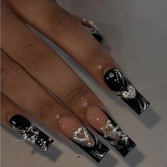 Super Cute And Stylish Ships In 5-10 Business Days Yk2 Nails, Fake Nails Long, Long Press On Nails, Dark Queen, Heart Rhinestone, Style Français, Jelly Nails, Black Nail, Stick On Nails