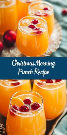 christmas morning punch recipe with oranges and cranberries in glasses on a plate