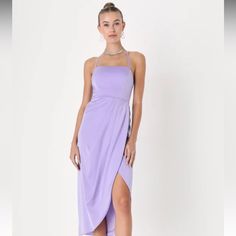 This Sophisticated Dress Has A Sleek Woven Satin Construction That Shapes A Princess-Seamed Bodice With A Straight Neckline And Slender Straps That Lace Down The Open Back. The Fitted Waist Tops An Overlapping Tulip Skirt That Boasts A Faux-Wrap Silhouette (With A Bit Of Gathering At The Front) Before Falling To A Midi Hem. Hidden Back Zipper/Clasp. Dress Measures 11" At Back. Lined. Shell: 97% Polyester, 3% Spandex. Lining: 100% Polyester. Hand Wash Cold. Inside Out. Do Not Bleach. Flat Dry. Im Purple Spaghetti Strap Maxi Dress For Night Out, Fitted Purple Midi Dress For Prom, Fitted Purple Midi Bridesmaid Dress, Fitted Purple Bridesmaid Midi Dress, Purple Spaghetti Strap Midi Dress For Evening, Purple Spaghetti Strap Midi Dress For Night Out, Purple Midi Dress For Prom, Chic Purple Midi Dress For Prom, Purple Sleeveless Midi Bridesmaid Dress