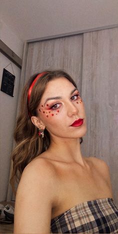 Red Bedazzled Makeup, Red Album Makeup, Red Diamond Eye Makeup, Red Era Taylor Swift Makeup, Red Makeup For Hooded Eyes, Taylor Swift Red Inspired Makeup, Red Makeup Festival, Red Makeup Looks Easy, Red Riding Hood Makeup Cute