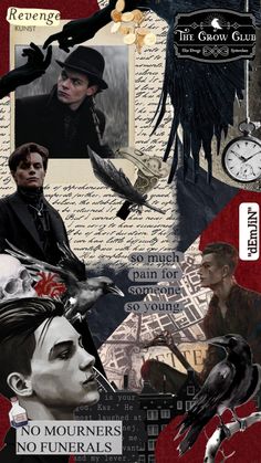 the collage is made up of many different images and words, including one with a bird on it