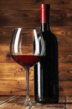 a painting of a wine glass and bottle on a wooden table with wood planks