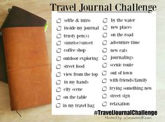 a traveler's journal with the words travel journal challenge written in black on it