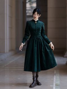 Dark green lady's corduroy dress – remulia Green Velvet Dress For Fall, Green Velvet Fall Dress, Green Long-sleeved Velvet Dress, Long Sleeve Winter Costume Dress, Winter Long Sleeve Costume Dress, Winter Costume Long Sleeve Dress, Winter Costume Dress With Long Sleeves, Gothic Velvet Dress For Fall, Vintage Dress For Fall Costume Party