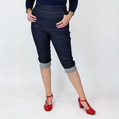 High, Sturdy, And Stylish! Pair This Amazing Blue Capris With Any Top. The Material Is Thick, Hugs Your Body Nicely, And Is Long Enough To Cuff Rockabilly Style. Pair With Chucks, Heels, Or Strappy Flats. Get The Jean Look With This Denim-Like Material. -98% Cotton, 2% Spandex -Handcrafted In The Usa -Machine Washable Measurements Are In Inches Sizes.......Waist.......Hips.........Length X-Small.....27..........32-35........39½ Small........28.......33-36........40 Medium....29..........35-38... Fitted Knee-length Denim Jeans, Fitted Denim Cropped Leg Pants, Fitted Denim Cropped Pants, Fitted Knee-length Bottoms With Pockets, Fitted Cropped Denim Pants, Fitted Denim Blue Knee-length Bottoms, Casual Fitted Knee-length Jeans, Fitted Denim Capri Length Cropped Jeans, High Waist Denim Blue Capris For Summer