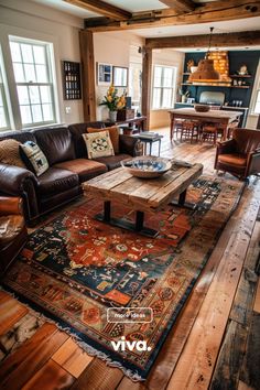 a living room filled with furniture and a rug on the floor in front of a window