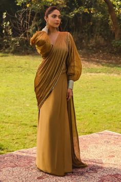 Honey gold pre-draped saree with a lace border, sequin and tassel embellishment. Paired with a blouse with princess balloon sleeves. - Aza Fashions Princess Balloon, Princess Balloons, Gold Organza, Draped Saree, Drape Saree, Blouse For Women, Satin Color, Lace Border, Buy Gold