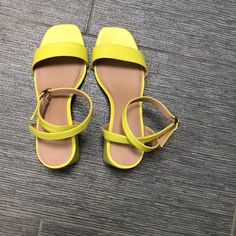 Brand New Never Worn Strappy Sandals A True Size 6 Spring Beach Heels With Adjustable Strap, Spring Flat Sandals With Strap, Spring Flat Strap Sandals, Yellow Sandals With Low Heel And Heel Strap, Yellow Sandals With Heel Strap And Low Heel, Summer Yellow Heels With Buckle Closure, Yellow Low Heel Sandals For Summer, Yellow Open Toe Slingback Sandals For Spring, Yellow Block Heel Sandals For Beach