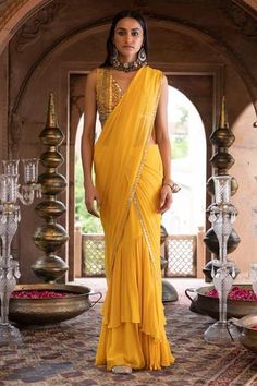 Shop for Chhavvi Aggarwal Yellow Shantoon Pre-draped Ruffle Saree With Blouse for Women Online at Aza Fashions Draped Saree, Net Blouses, Ruffle Saree, Yellow Saree, Drape Saree, Printed Sleeveless Blouse, Sequin Embroidery, Beaded Neckline, Blouse For Women