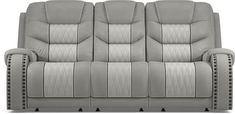 the reclining loveseat is shown in grey leather with studded trims