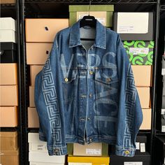 Versace Logo Denim Greca Jacket. Blue. Gold Buttons. Womens (Size 48/12); Mens (Size 2xl). Brand New W/O Tags. Retailed For $1550+Tax. Very Rare Piece. Versace Jacket Mens, Versace Print, Versace Jacket, Versace Logo, Gold Buttons, Monster High, Jacket Outfits, Very Rare, Blue Gold