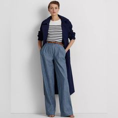 Lauren Ralph Lauren Women's Plus Pleated Chambray Wide-Leg Pants Product Details With Crisp Pleats And A Flattering High Rise, These Wide-Leg Pants Are Crafted With Lightweight Chambray For A Style That Exudes Casual Sophistication. High-Rise Wide-Leg Silhouette Belt Loops Zip Fly With A Signature Buttoned Closure Two Front Waist Angled Pockets Two Back Waist Welt Pockets Pleating At The Front Waist Back Waist Darts All Cotton Machine Washable Imported Pleated Trousers, Womens Capris, Ralph Lauren Purple Label, Jumper Shirt, Ralph Lauren Womens, Formal Shirts, Casual Sweatshirt, Wide Leg Trousers, Victoria Beckham