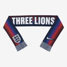 a scarf with the word three lions on it and a soccer ball in the middle