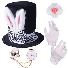 a hat, gloves and clock are on display