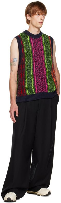 Cable knit wool vest. · Rib knit crewneck, armscyes, and hem · Striped pattern at front Supplier color: Multi Multicolor Knit Sweater Vest With Crew Neck, Multicolor Knit Crew Neck Sweater Vest, Knitted Crew Neck Vest, Striped Vest, Striped Vests, Wool Vest, Knit Crewneck, Color Stripes, Stripes Pattern