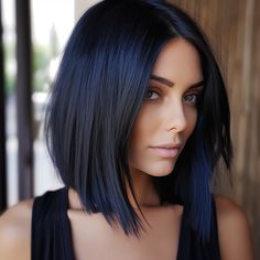 Black Straight Bob Haircut, Blue Black Bob Haircut, Black Chin Length Hair, Black Blue Short Hair, Dark Black Hair Short, Blue Black Hair Color Short, Highlights On Short Black Hair, Long Bob Dark Hair, Long Bob Black Hair