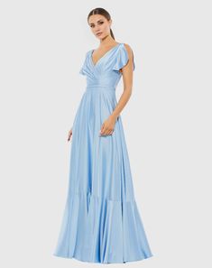 V-neck short-sleeved satin ruffle floor-length evening dress – JiMiss Dresses