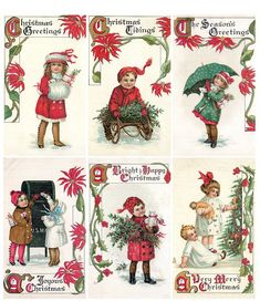 four vintage christmas cards with children holding flowers and an umbrella, one has a teddy bear