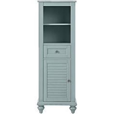 a gray cabinet with shutters on the front and bottom shelf, it's open