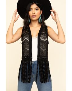 Vocal Women's Lace Studded Fringe Vest, Black Fringed Vest Outfit, Gal Outfits, Snazzy Outfits, Womens Western Tops, Country Glam, Kids Cowboy Boots, Country Gal, Boho Goth, Winter Shopping