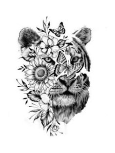 a tiger with flowers and butterflies on its head