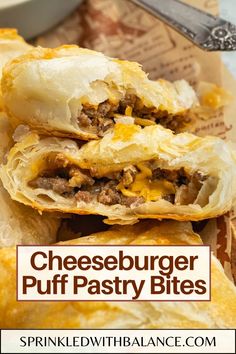 cheeseburger puff pastry bites with text overlay