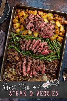 a pan filled with steak, potatoes and green beans