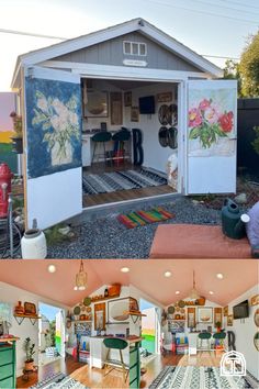 two pictures show the inside of a garage and outside of a room with an open door