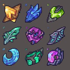 pixel art style icons with different colors and shapes