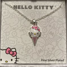 New Inbox. Hello Kitty Ice Cream Cone Necklace Brass, Silver Plated Necklace With 16 Inch Chain And 2 Inch Extender. Enamel Charm With Pink Crystal In Center Bow Ice Cream Necklace, Cute Silver Hello Kitty Necklace, Cute Hello Kitty Silver Necklace, Hello Kitty White Necklace For Gift, White Hello Kitty Necklace For Gift, White Hello Kitty Necklace Gift, Hello Kitty Ice Cream, Cream Necklace, Locket Pendant Necklace