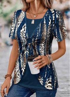 Color:Peacock Blue;Size:2X;Package Contents:1 X T Shirt;Occasion:Other;Style:Casual; Trendy Tops For Women, Colour Blocking, Plus Size Kleidung, Women Shirts Blouse, Blue Tshirt, Trendy Tops, Plus Size Casual, Print T Shirts, Plus Size Tops