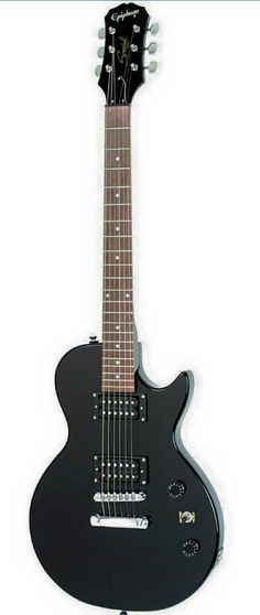 an electric guitar is shown on display in this image, it looks to be black