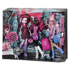 three dolls are posed together in front of a cityscape with pink hair and makeup