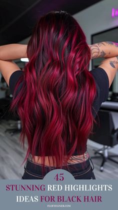 Browse the collection of 40+ gorgeous red highlights ideas for black hair we just posted on our blog. From styles like the beautiful magenta red balayage you see here to bright red ombre looks and classic red highlights, you'll find a ton of hair inspo in our latest article. Click the pin to see it now and follow us for more! Black Hair With Red Highlights, Bright Red Highlights, Witchy Hair, Ideas For Black Hair, Black Red Hair, Red Ombre Hair, Highlights Ideas