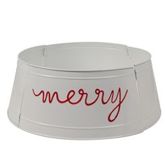 a white lamp shade with the word merry written on it in red ink, against a white background