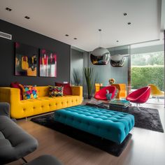 a living room filled with lots of colorful furniture