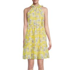 Eliza J Yellow Floral Print Trapeze Tiered Dress Size 6 - Mockneck With Ties - Sleeveless - Concealed Back Zip Closure - Side Slip Pockets - Tiered - Lined New With Tags 100 % Polyester Chest: 18" Length: 35.5" Sleeveless Lemon Print Dress For Spring, Yellow Sleeveless Summer Dress For Daywear, Yellow Sleeveless Floral Print Dresses, Yellow Floral Print Sleeveless Sundress, Yellow Halter Neck Sleeveless Dress For Spring, Yellow Fitted Floral Print Sleeveless Dress, Fitted Yellow Floral Print Sleeveless Dress, Yellow Halter Neck Sleeveless Sundress, Fitted Yellow Sleeveless Dress With Floral Print